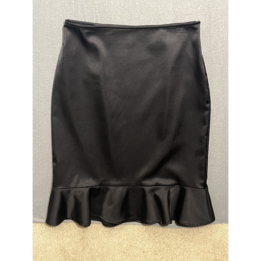 Apostrophe Women's Black Satin Stretch Ruffle Hem‎ Midi Skirt Size 4